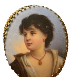 Antique Brooch- Boy Hand Painted portrait on porcelain pin- Antique Victoria Era